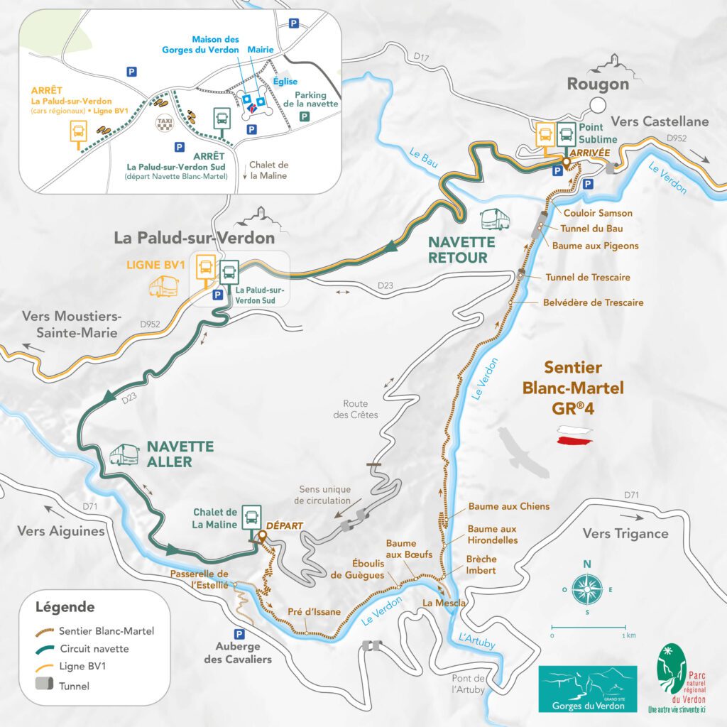 Detailed map of the Blanc-Martel trail with starting points, shuttles and parking lots.
