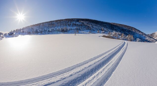 Traces de ski de fond sur un champ enneigé du Haut-Verdon